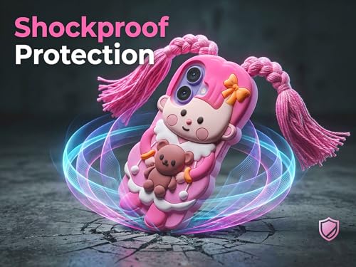 Image of amazon basics Cute 3D Pink Doll Silicone Mobile Case for iPhone 17 - Aesthetic Cartoon Girl with Braided Tassels & Teddy Bear, Soft Shockproof Protective Back Cover for Girls & Kids
