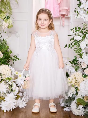 Lace Applique Flower Girl Dress for Wedding Sleeveless Tulle Bow Knot V-Back Long Satin Crew Neck Puffy Ball Gowns3