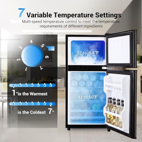 Mini Fridge with Freezer for Bedroom 3.5 Cu. Ft., Mini Refrigerator for Dorm with 7 Levels Adjustable Thermostat & Removable Shelves, 2-Door Small Fridge for Office, Kitchen,Dorm,RV(Black) - Image 3
