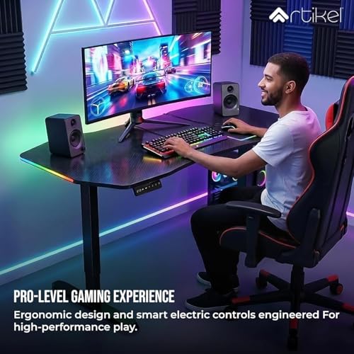 Image of ARTIKEL Dagger Electric Height Adjustable Gaming Table for Home & Office with RGB Light| Cup Holder, Headset Hook, Cable Management |72-118cm|80kg Capacity - Black|3 yrs Warranty (Black, Dagger)
