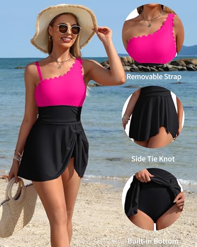 Image of Charmo One Shoulder One Piece Swimsuit Women Tummy Control Bathing Suit with Skirt Tie Knot Cute Scalloped Swimdress