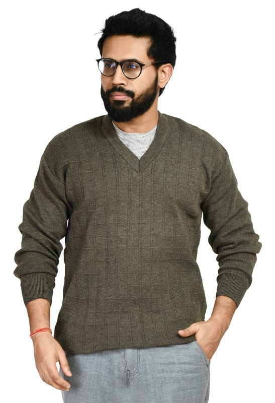 manra Men V- Neck Self Design Check Full Sleeve Woolen Winter Pullover Sweater (Men OSWAL SELF Check Sweater)-picture-31