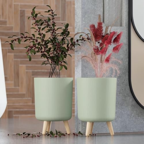 Image of StyleX Store Modern Flower Pot with Plastic Legs | Indoor Outdoor Planter for Home Garden Balcony Decor Ribbed Design Sturdy Plastic Mid-Century Style (saga Green Pack of 2)
