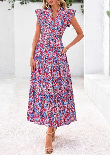 Image of PRETTYGARDEN Women's 2026 Summer Floral Midi Dress Cap Sleeve V Neck Ruffle Long Flowy Boho Casual Beach Vacation Dresses