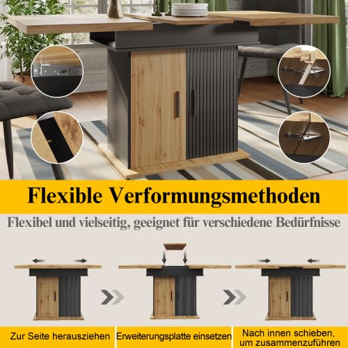 Mesa de comedor extensible de 110 a 140 cm, estilo retro con puertas moldeadas al vacío, mesa de cocina plegable para 4-6 personas con espacio de almacenamiento y estantes ajustables, color