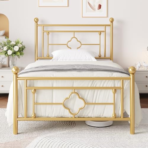 MUTICOR Metallbettgestell 90 x 200 cm, Modernes Bett mit Kopfteil und Lattenrost, Plattformbett für Schlafzimmer, Gästezimmer, Unterbett-Stauraum, Geräuschfrei, Einfache Montage, Gold