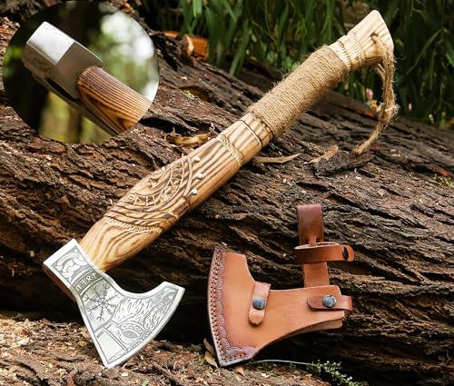 AHQAF Viking Axe Real - Hatchet Throwing Splitting Viking Camping Battle Tactical Camp Axes & hatchets Bearded Hand Combat Real Blade hewing Weapons Forest war Wooden ax Men Hunting Cool Outdoor Axe