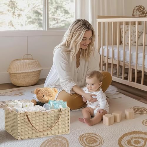 Image of HBlife Large Baby Diaper Caddy Organizer, Paper Rope Storage Baskets Nursery Bin with Removable Divider, Portable Car Organizer for Diapers, Baby Shower Gifts, Newborn Essentials Must Haves