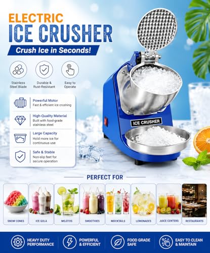 Image of Electric Ice Crusher Machine for Home & Commercial Use, Stainless Steel Heavy Duty Ice Shaver with 300W Motor, 65 kg /h Crushing Capacity, Portable Snow Cone Maker