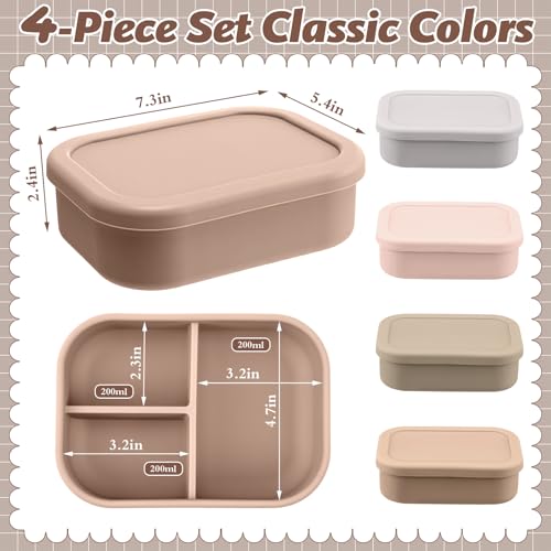 Image of Honeydak 4 Pcs Silicone Bento Box, 3 Compartment Lunch Food Container for Women Men, Leak Proof Microwave Easy to Clean Dishwasher Freezer Safe (Bohemian Color)