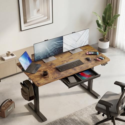 Image of Claiks Electric Height Adjustable Standing Desk with Drawers, 63 x 24 Inch Sit Stand Desk for Home Office, Computer Desk Workstation,Rustic Brown