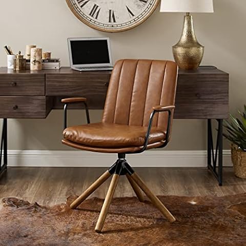 Art Leon Mid Century Modern Chair, Oak Legs Swivel Accent Chair No Wheels, Faux Leather Armchair for Small Spaces Home Office Living Room Bedroom, Yellow Brown Cover