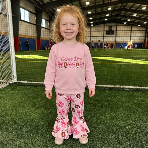 Image of Toddler Baby Girls Football Outfit Crew Neck Long Sleeve Rugby Bow Print Sweatshirt Elastic Waist Pants 2Pcs