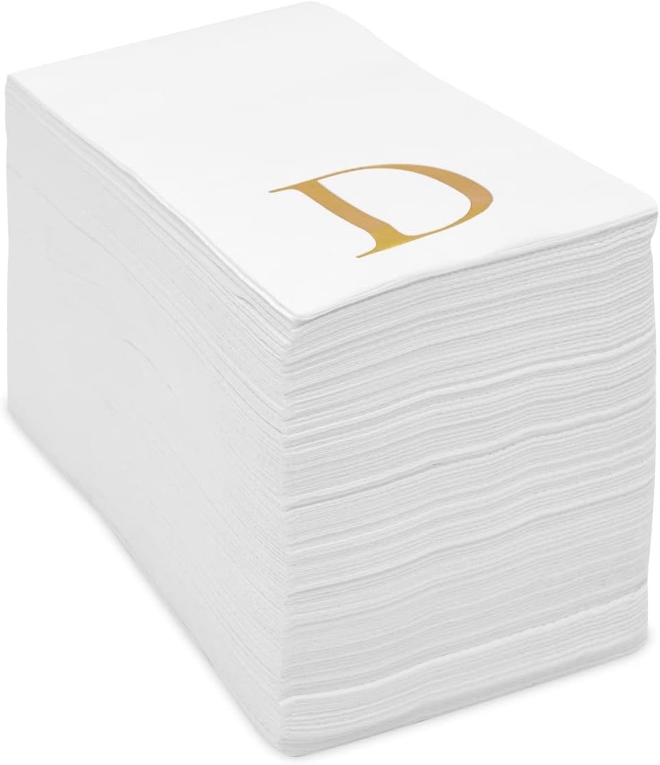 Gold Foil Initial Letter D White Monogram Paper Napkins (4 x 8 In, 100 Pack)