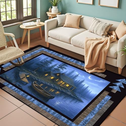 PeeNoke Cozy Cabin by Lake Dock Night Area Rug Outdoor