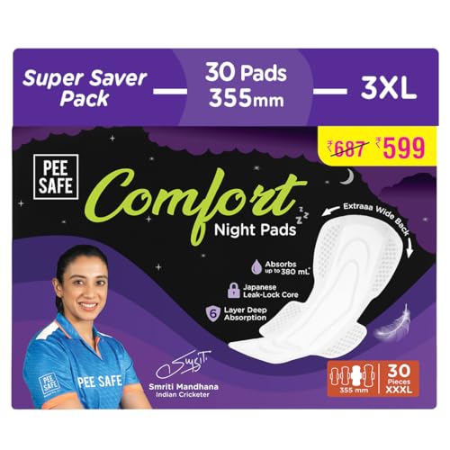 Image of Pee Safe Comfort All Night Pads | 30 Pads XXXL (3 XL) - 355mm | Extra Wide Back with Dual Wings | 6 Layer Deep Absorption | Japanese Leak-Lock Technology | Overnight Leak Free Protection | Extra Long Pack of 3