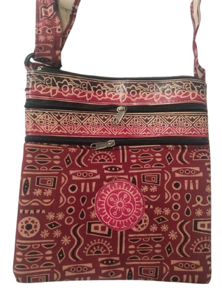 Image of Women Stylish Crossbody Sling Bag Comes with Flap Closure & Durable Polyester Design Multi-Pocket Design, Adjustable Strap(Burgundy Red with Tribal Print)