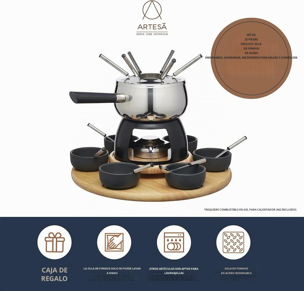 Artesà Juego de Fondue con Plato Giratorio Lazy Susan, Olla de Fondue de Acero Inoxidable con Quemador, Recipientes y Utensilios, Juego de 22 Piezas, Negro