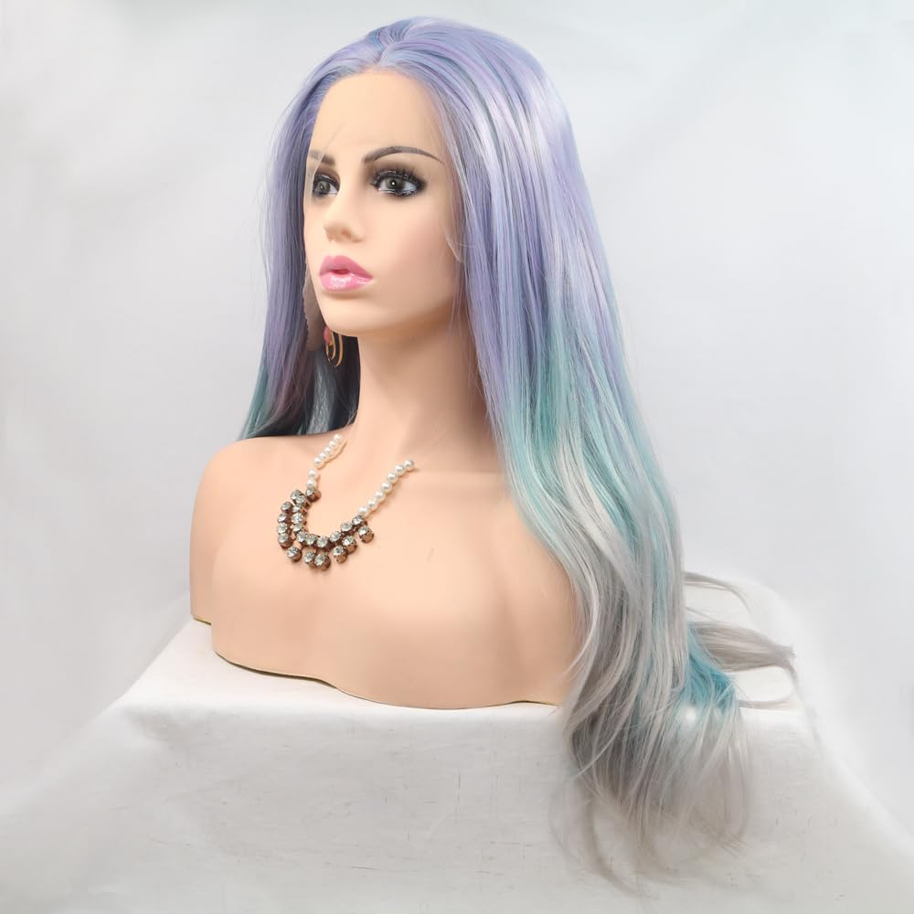 Xiweiya Light Purple Lace Wigs 13x3 Lace Mixed Purple Ombre Blue Grey Lace Front Wigs Long Silky Straight Colorful Hair Synthetic Lace Wig Heat Resistant Fiber Hair for Women Drag Queen Cosplay 24inch - Image 3