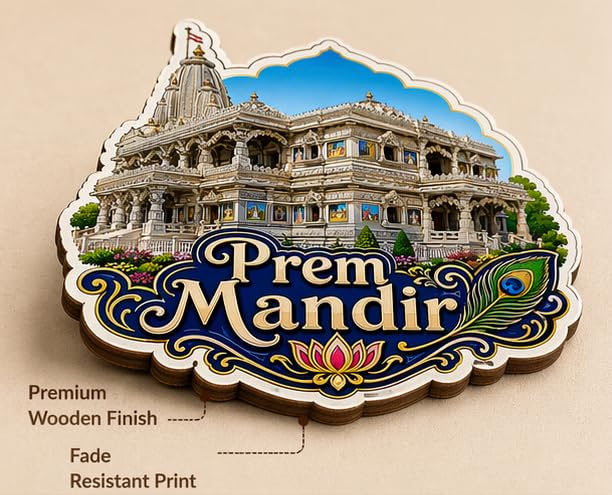 Image of Prem Mandir Theme Wooden Fridge Magnet Souvenir | 3x3 in Kitchen Home Decor Gift