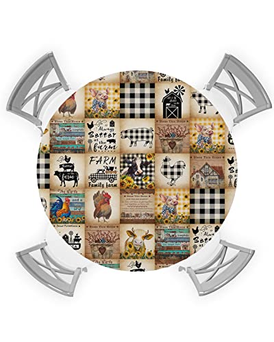 Fitted Tablecloth For Round Table,Farm Animal Cow Pig Vintage Black Buffalo Plaid Table Cover With Elastic Edge Waterproof Table Cloth,Summer Sunflower Chicken Barn Circle Table Covers 45-54In #TOP18