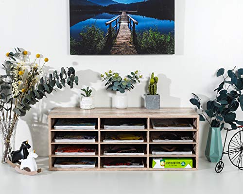 Pag Wood Desktop Literature Organizer Adjustable File Sorter Mail Center Magazine Holder Paper Storage Cabinet Classroom Keepers Mailbox, 12 Slots(4 Layers And 3 Columns), Retro White #TOP4