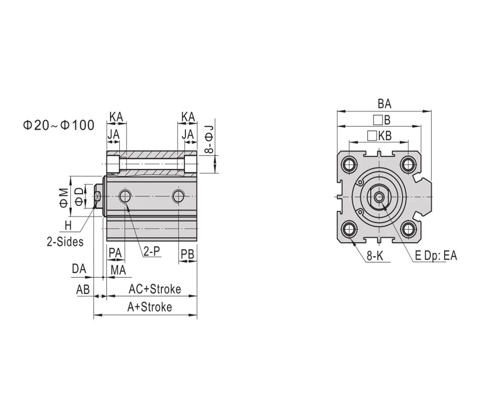 Pneumatik-Zylinder SDA100 Luftpneumatikzylinder Doppeltwirkend Kompaktzylinder SDA100 Bohrung 100mm Hub 5-100 Mm Innen-/Außengewinde(SDA100X30,Nill)