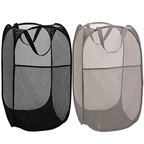 Image of BATTOO Deluxe Strong Mesh Pop up Laundry Hamper Basket with Side Pocket Foldable Hamper for Laundry Room, Bathroom, Kids Room, College Dorm or Travel Black + Grey