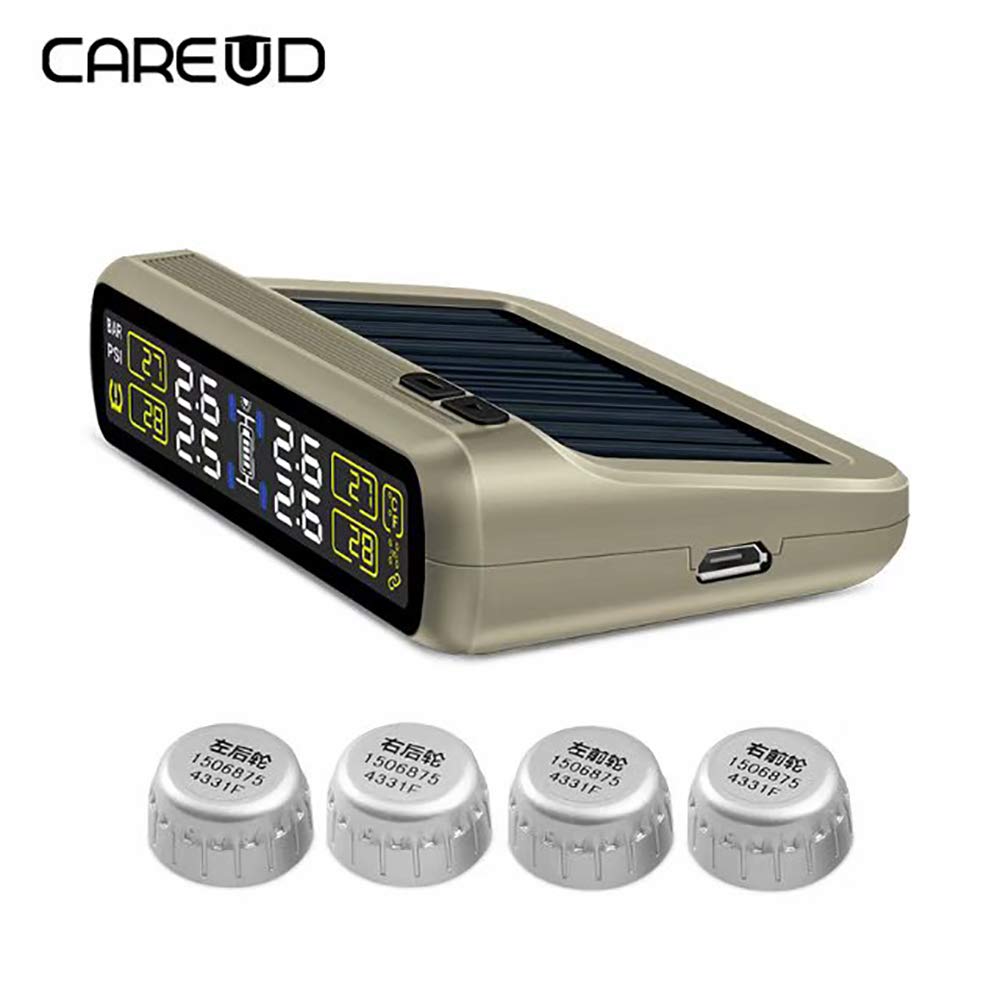 TPMS Tire Pressure Monitor System Pressure Temperature Monitoring Simultaneously Real Time Solar Panel or USB Recharging Universal Wireless Sensors (w/4pcs External sensors)