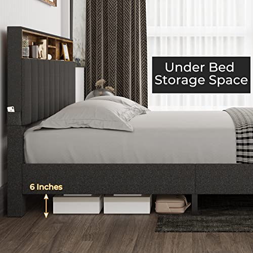 Tiptiper Queen Bed Frame With Usb Ports And Outlets, Upholstered Platform Bed With Storage Headboard, Queen Size With Shelf Headboard, 12 Wood Slats, No Box Spring Needed, Dark Grey #TOP6