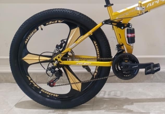 Image of Arrgrow Folding Mountain Bike, 26-inch, Gold and Yellow, 21-Speed Gears, Magnesium Alloy Wheels