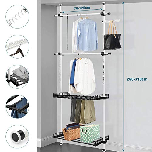 KINLO Estante telescópico Ajustable de Amplitud 70-125cm y Altura 260-310cm Barra Ducha Almacenamiento de Acero Inoxidable sin Perforar Cocina Balcón Dormitorio Flor -2 Tablas -2 Perchas Toalla Ropa