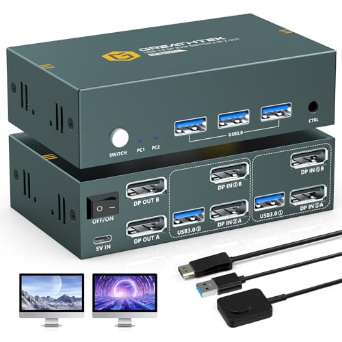 4K 120Hz DisplayPort KVM Switch 2 PC 2 Monitore 8K 60Hz USB 3.0 KVM-Switches mit Dual Monitor DP 1.4-Unterstützung für 2 Computer Hohe Kompatibilitä Teilen von 3 USB 3.0 Geräten (2 IN 2 OUT USB3.0)