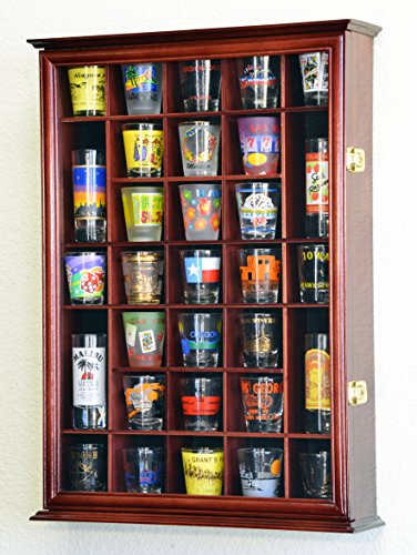 31 Shot Glass Shooter Display Case Holder Cabinet Wall Rack -Cherry