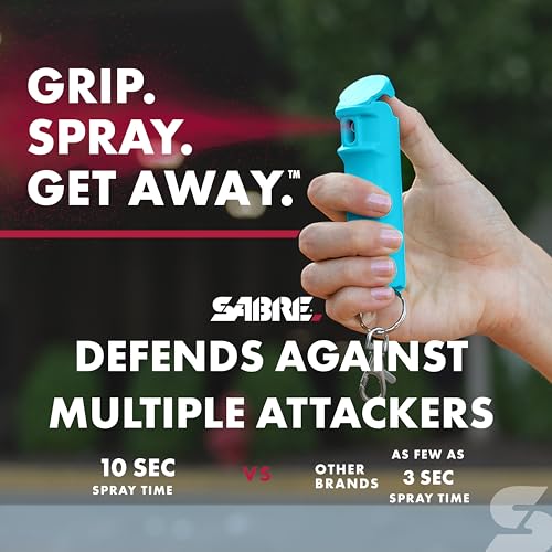 Image of SABRE Pepper Spray with Fast Flip Top Safety & Snap‑Clip Keychain for Self Defense - Maximum Police Strength OC with UV Marking Dye, Finger Grip, 10‑Sec. Spray, 14-ft Range, Made in USA, 0.54 fl oz