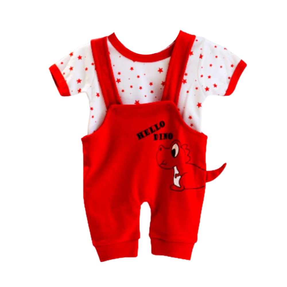 Kids Cotton Round Neck Hello Dino PrintDungaree | Dungaree For Baby Boys & Baby Girls (Red)