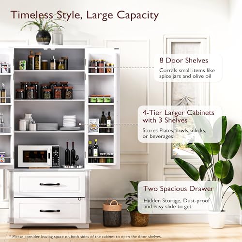 Image of Ball & Cast 71″Tall Kitchen Pantry Cabinet with Large Drawers,Versatile Farmhouse Wood Pantry Storage Cabinet w /8 Doors Shelves and Adjustable Shelves for Kitchen,Dining Room,White