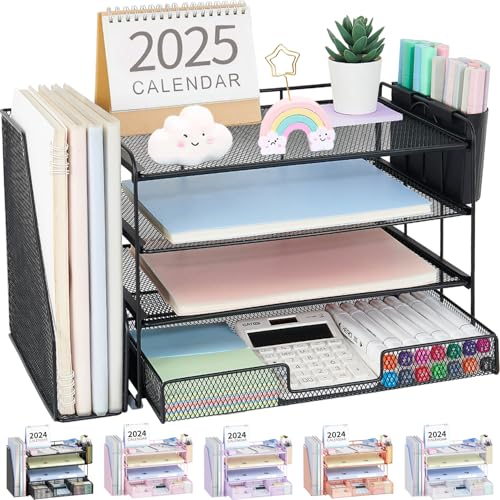 OPNICE Desk Organizer and Accessories, 4-Tier Desktop File Organizer with Drawer and 2 Pen Holders,...