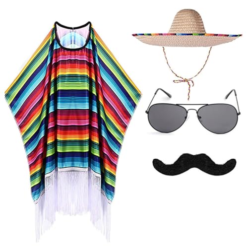 Linyuir Halloween Mexique Poncho Cape Avec Lunettes De Soleil Moustache Chapeau Mexicain Ensemble Carnaval Mexicain Cosplay Costume Accessoires Coloré Taille unique