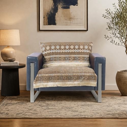Image of Elegant Woven Brown Sofa Cover - Soft Chenille Traditional Pattern with Lace Style | L-Shape Sectional Seat Protector for Living Room | Durable & Stylish Slipcover 1 Seater