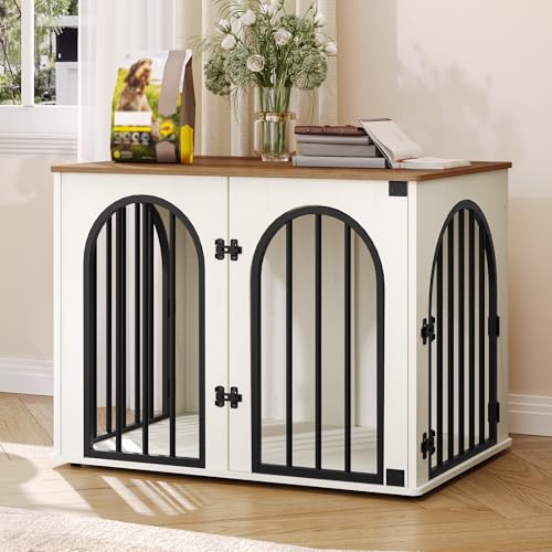 Hzuaneri Hundekäfig Möbel, 80cm Hundebox für Zuhause, 3 Türen, Bogentür, Moderne Hundebox Indoor für Hunde, Beistelltisch, Hundekäfig Hochbelastbar, 80 x 56 x 61 cm, Weiß Braun DFC85114B