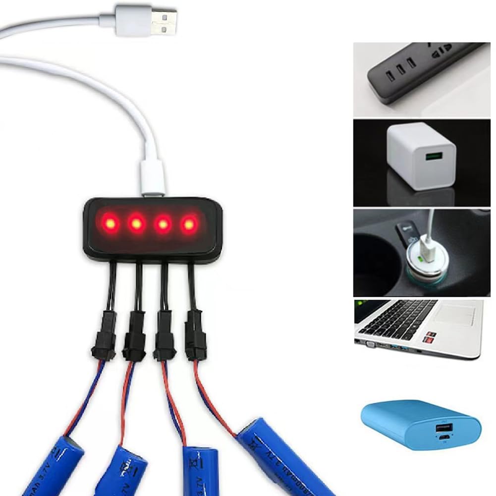RC Model Battery Charger Cable, 4 Interfaces, SM-2P Connector, Charging Protection Circuit and Indicator Light, Lithium Battery Charger for RC Drone Toys and Multipurpose Batteries