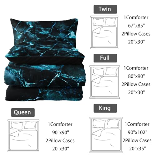 Image of Nttopship Blue Comforter Set King Size,Blue Marble Bedding Set 3 Pcs Bedding for Adults, Marble Room Decor with Comforter and 2 Pillowcases Soft and Lightweight B-Side Black