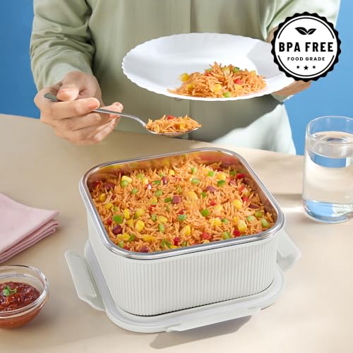 Image of Larah by BOROSIL Freshbyte Food Storage Container with Airtight Stainless Steel Lid | Fridge Container for Lunchbox | Food Grade | Microwave Safe (Grey, 1600 ml, Square)
