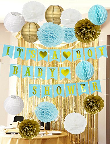 blue white and gold baby shower decorations