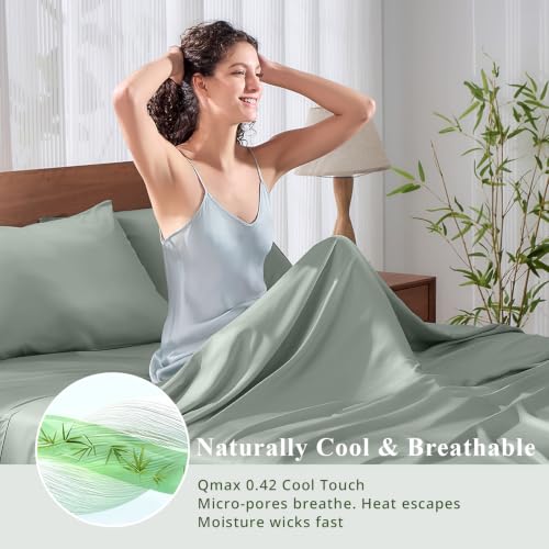 Image of King Size Sheet Set, Viscose Bamboo Sheets for Bed Set 4pcs, 100% Viscose Derived from Bamboo, Hotel Luxury Silky & Cooling for Hot Sleepers, Deep Pocket Up to 17 inch, Sea Glass