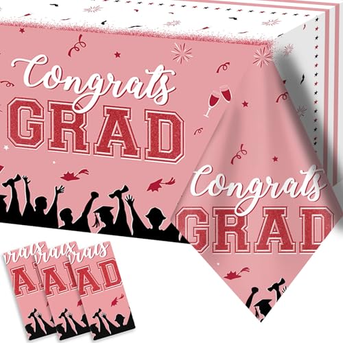 Image of chiazllta Set of 3 Graduation Tablecloths Class of 2026 Congrats Grad Pink Graduation Party Tablecover Decorations Party Supplies Large Size Plastic 54 inchx108 inch(Pink & Gold)