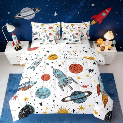 Erosebridal Outer Space Rocket 7 Piece Bedding Set Twin Galaxy Comforter Set with Sheets Kids Boys Cartoon Bed in A Bag Universe Starry Sky Cosmos Bed Sets with 2 Pillowcases, 2 Throw Pillow Covers