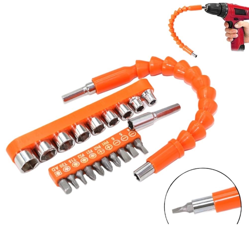 Set di 21 Pezzi Prolunga per Punta Trapano Pieghevole Adattatore Universale 1/4 per Avvitatore e Trapano Arancione Estensione per Angoli Stretti
