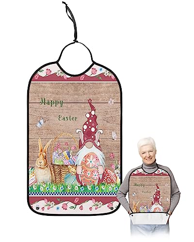 LEOKOTI Spring Easter Adult Bibs for Eating, Waterproof Bibs with Food Catcher & Adjustable Snap Closure, Gnomes Tulip Colorful Eggs Easter Basket Retro Wood Clothing Protectors Adult Bibs for Elderly